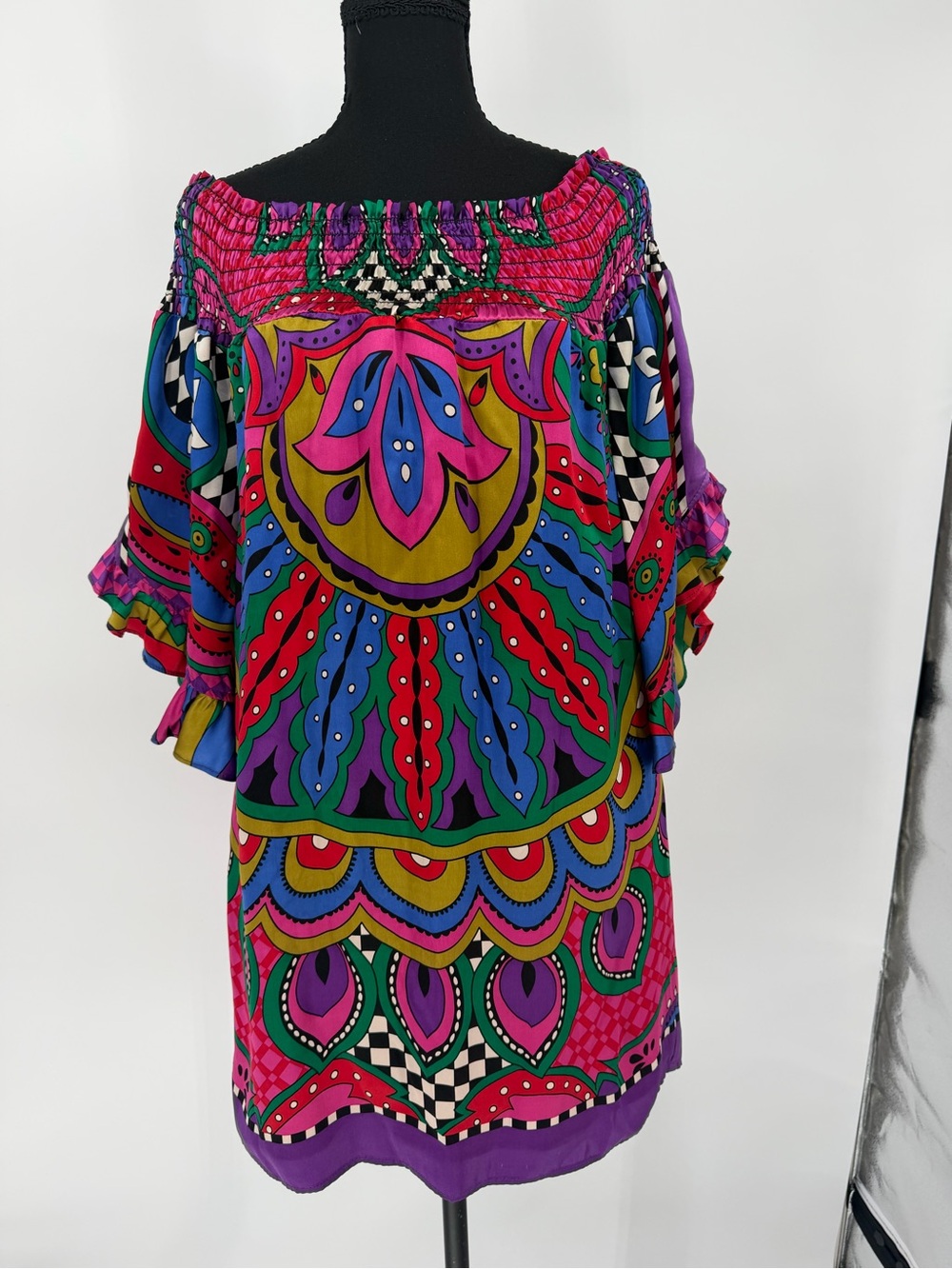 Silk Voom by Joy Han Bright Multicolor Off-Shoulder Boho dress Y2K style